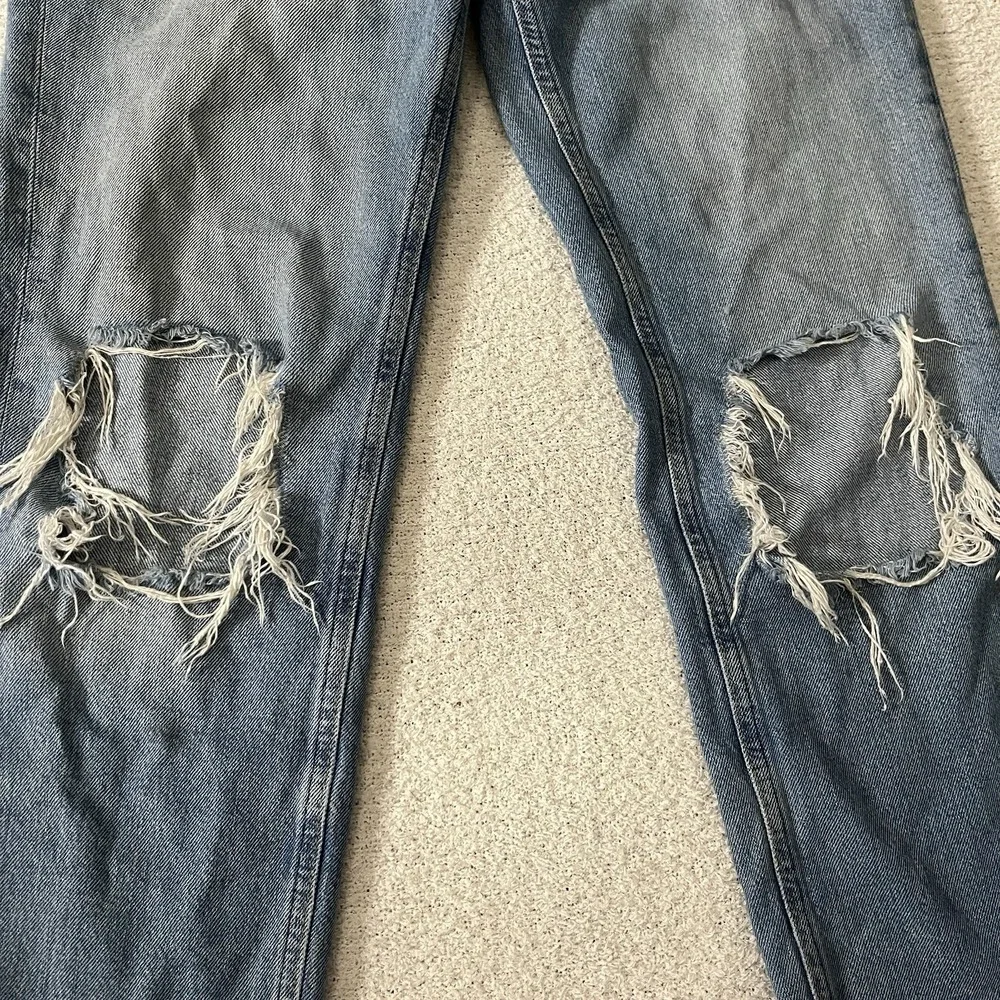 We The Free Jeans Women 28 Blue Distressed Straight Leg High Rise Button Fly Raw
